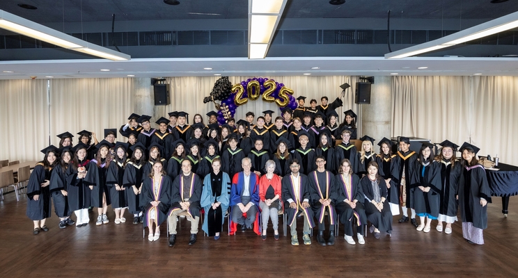 Morningside graduates pose for photo with college leadership and fellows.
