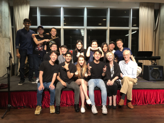 Group photo of the student performers with Lalla Ward and the Master, Nick Rawlins